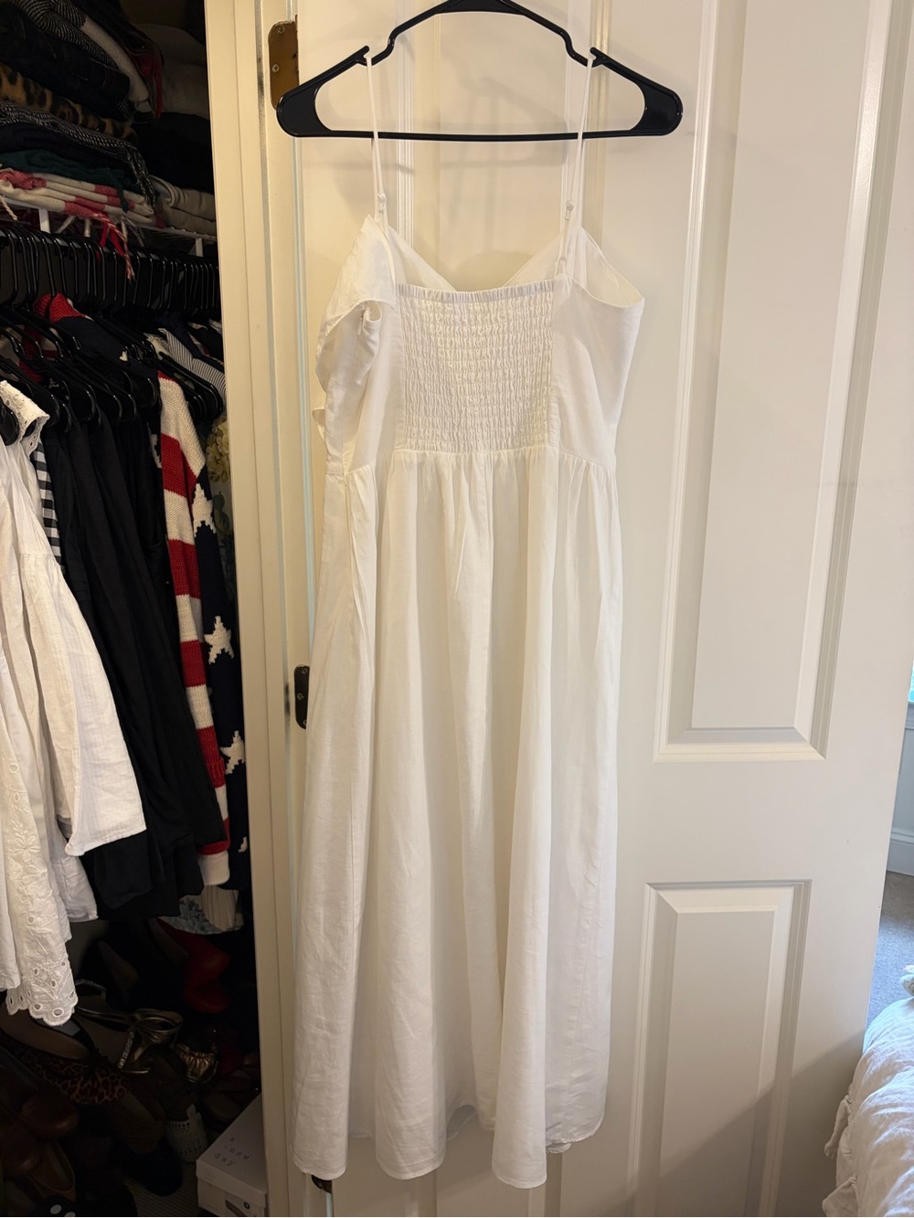H&M White Ruffle Linen Blend Midi Dress with Spaghetti Straps - Picture 3 of 8